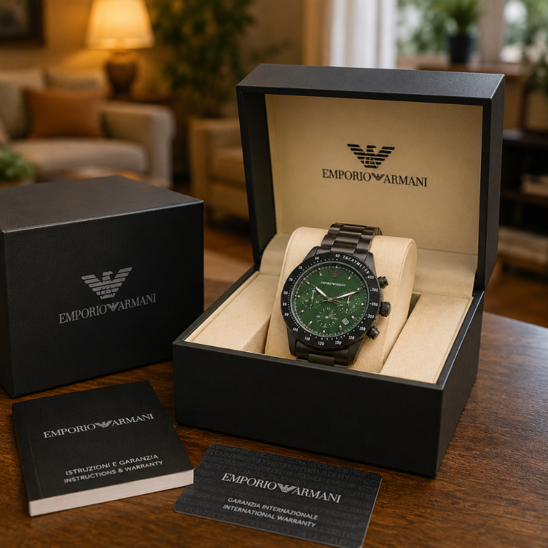 Empo_rio_armani_Luxury Black Stainless Steel Chronograph Watch for Men | Premium Green Dial Analog Wrist Watch