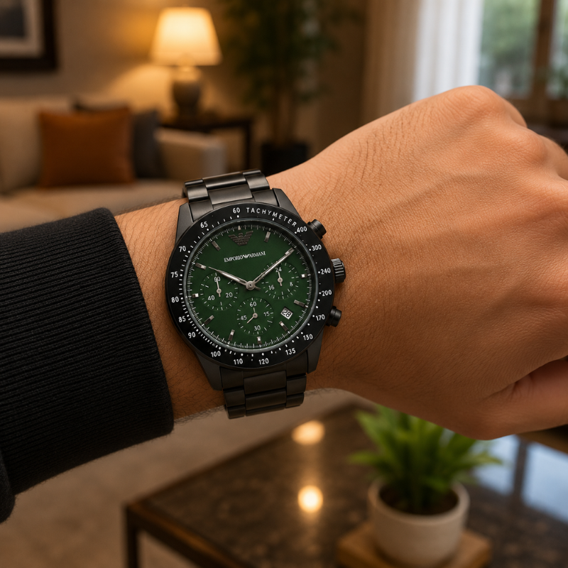 Empo_rio_armani_Luxury Black Stainless Steel Chronograph Watch for Men | Premium Green Dial Analog Wrist Watch