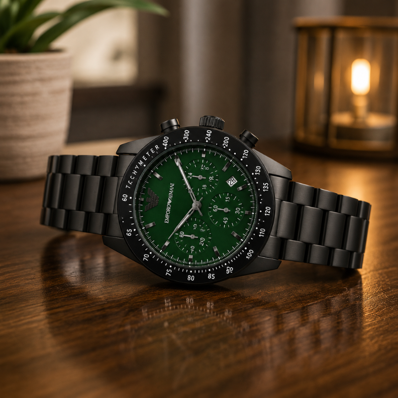 Empo_rio_armani_Luxury Black Stainless Steel Chronograph Watch for Men | Premium Green Dial Analog Wrist Watch