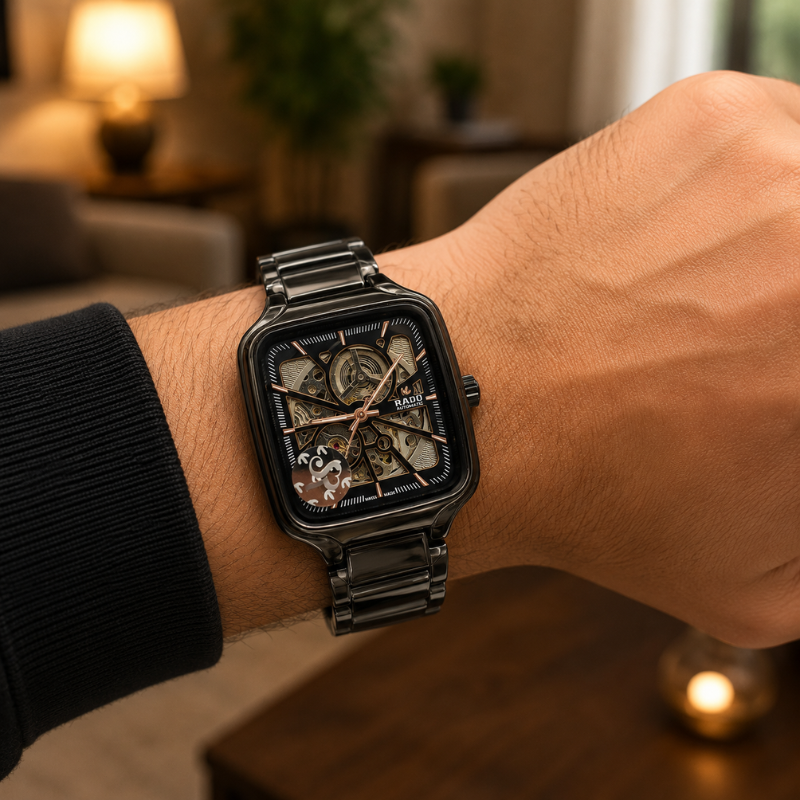 ra_do_Luxury Black Skeleton Automatic Watch for Men | Premium Ceramic Stainless Steel Analog Wrist Watch