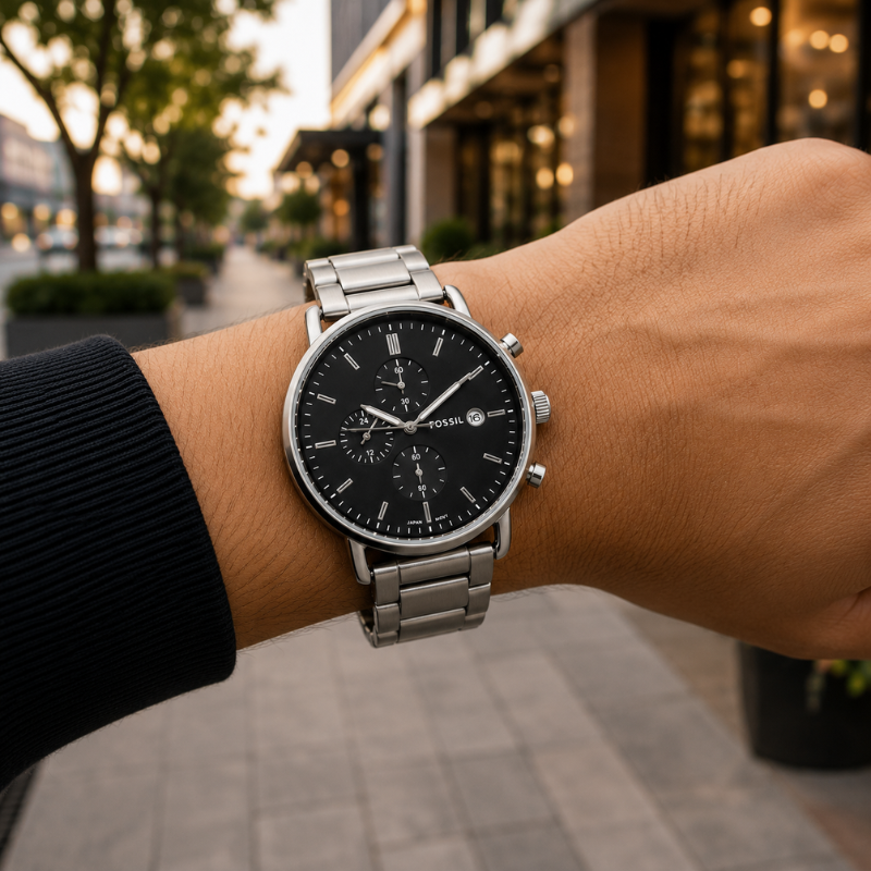 Fos_sil Bl_ack Dial Stainless Steel Chronograph Watch for Men | Premium Analog Wrist Watch