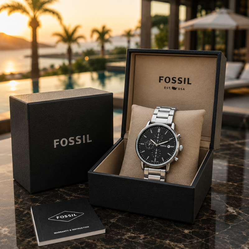 Fos_sil Bl_ack Dial Stainless Steel Chronograph Watch for Men | Premium Analog Wrist Watch