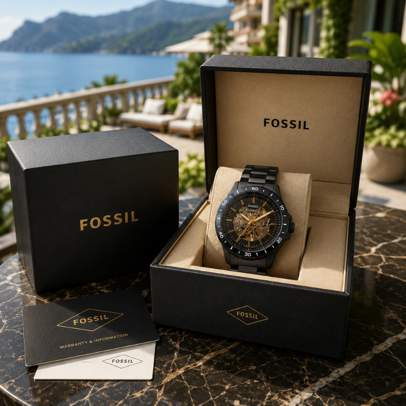 Fo_ssil Automatic Skeleton Dial Black Stainless Steel Men's Analog Watch