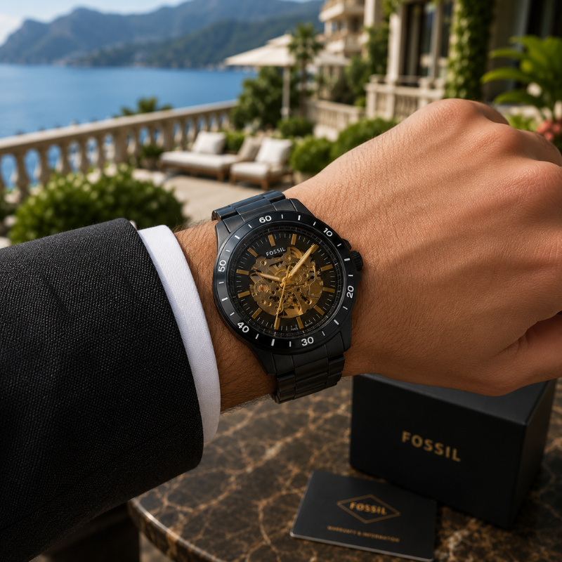 Fo_ssil Automatic Skeleton Dial Black Stainless Steel Men's Analog Watch