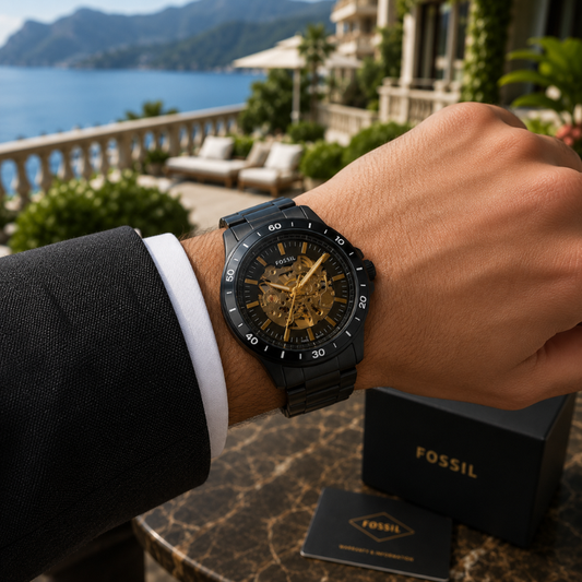 Fo_ssil Automatic Skeleton Dial Black Stainless Steel Men's Analog Watch