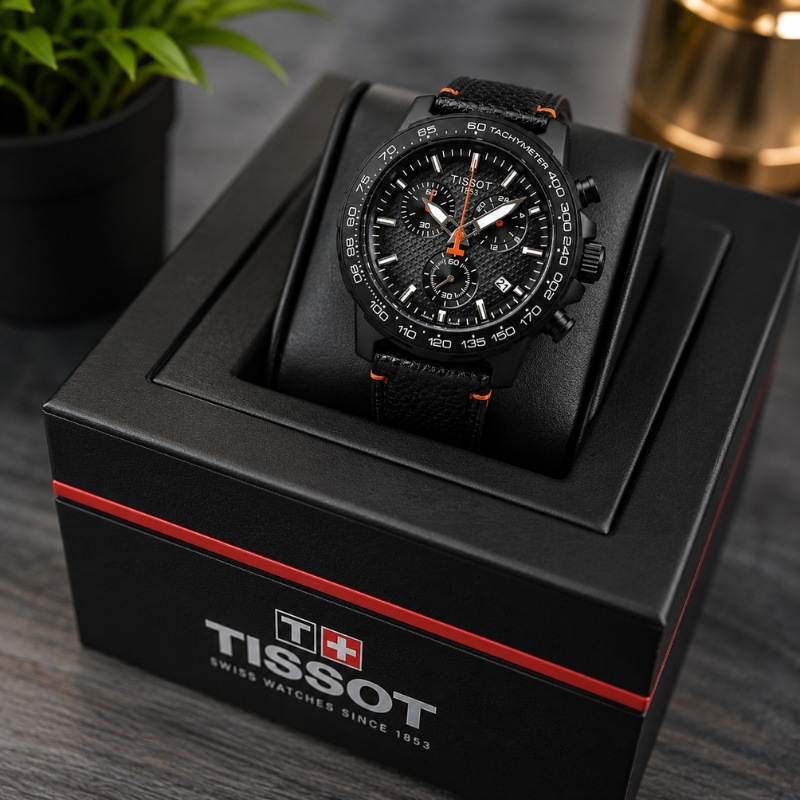 Tis_sot_18_53 Black Chronograph Analog Watch for Men | Premium Leather Strap | Luxury Sports Wrist Watch