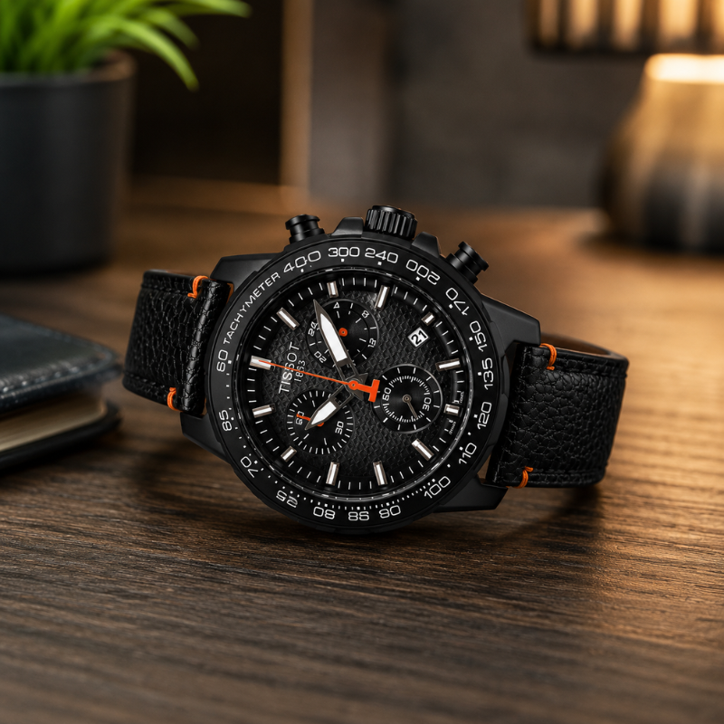 Tis_sot_18_53 Black Chronograph Analog Watch for Men | Premium Leather Strap | Luxury Sports Wrist Watch