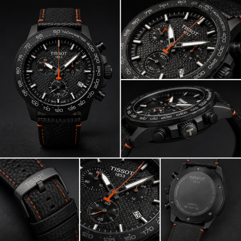 Tis_sot_18_53 Black Chronograph Analog Watch for Men | Premium Leather Strap | Luxury Sports Wrist Watch