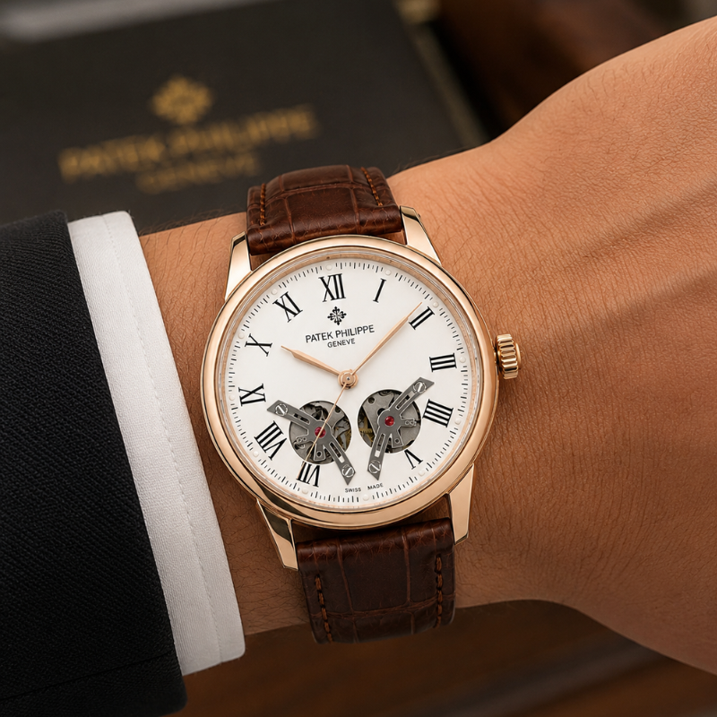 Pa_tek_Phili_ppe Geneve Automatic Skeleton Dial Men's Luxury Analog Watch – Rose Gold Brown Leather Strap