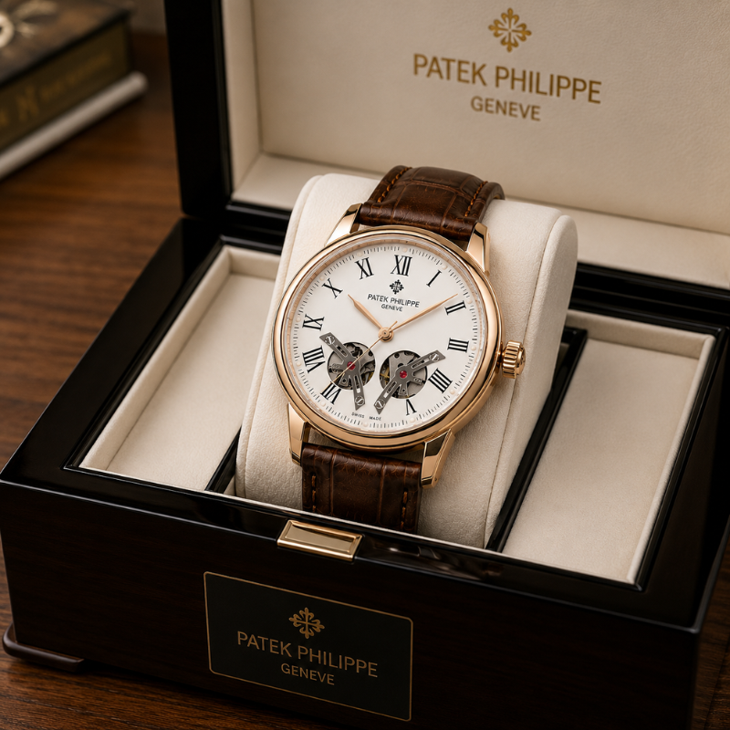 Pa_tek_Phili_ppe Geneve Automatic Skeleton Dial Men's Luxury Analog Watch – Rose Gold Brown Leather Strap
