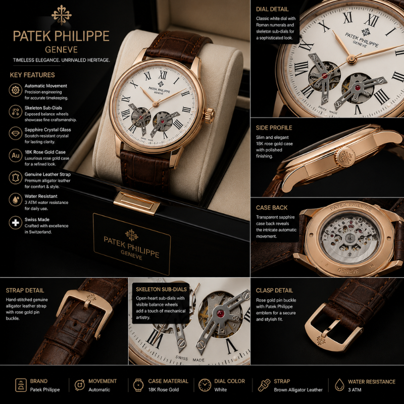 Pa_tek_Phili_ppe Geneve Automatic Skeleton Dial Men's Luxury Analog Watch – Rose Gold Brown Leather Strap