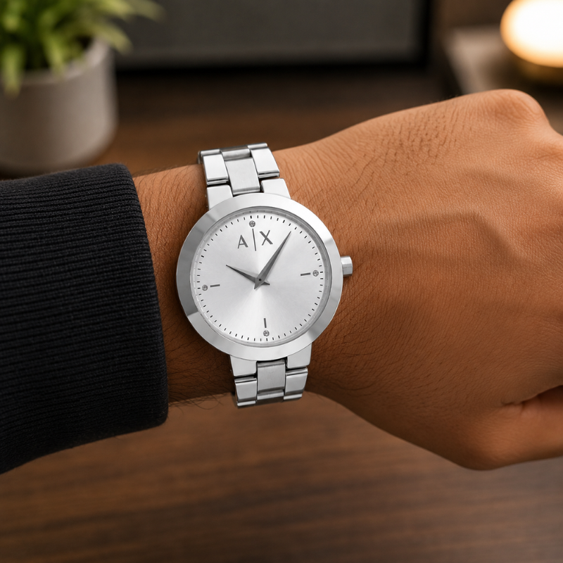 A_|_X Ar_mani Ex___change Silver Stainless Steel Analog Watch for Men