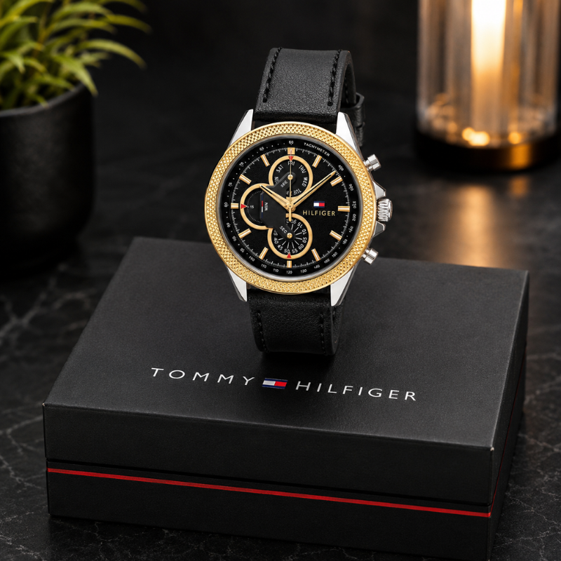 Tom_my Hilfi_ger Men's Black Leather Strap Multifunction Analog Watch – Gold & Silver Finish