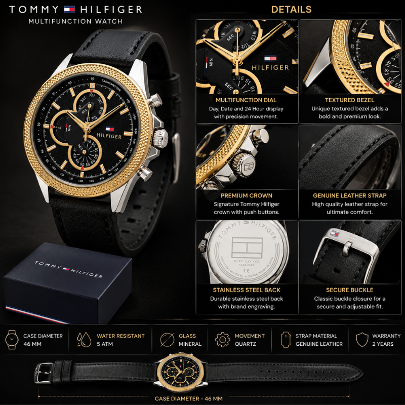 Tom_my Hilfi_ger Men's Black Leather Strap Multifunction Analog Watch – Gold & Silver Finish