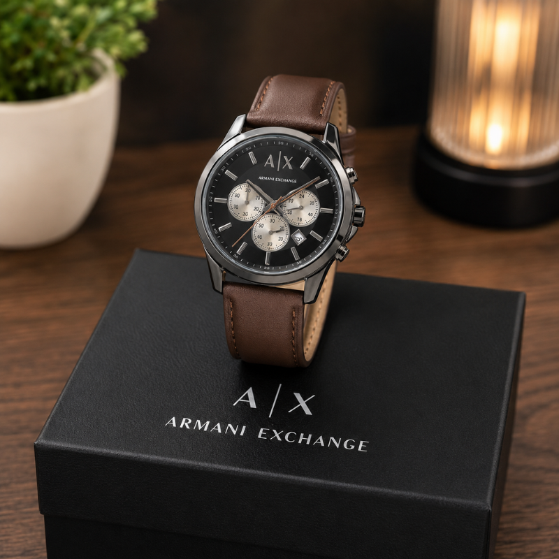 A_|_X Arm_ani Ex_change Men's Black Chronograph Watch with Brown Leather Strap