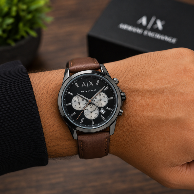 A_|_X Arm_ani Ex_change Men's Black Chronograph Watch with Brown Leather Strap