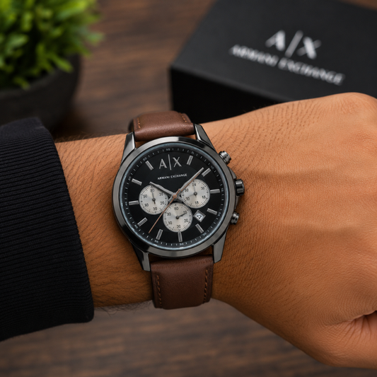 A_|_X Arm_ani Ex_change Men's Black Chronograph Watch with Brown Leather Strap