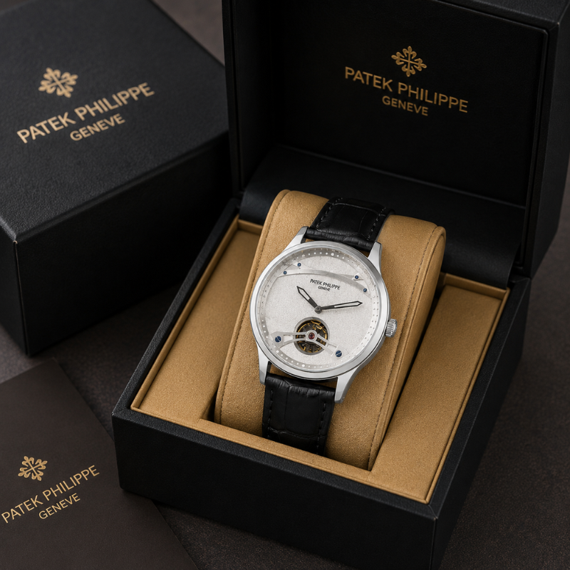 Pa_tek_Phili_ppe Men's Automatic Tourbillon Watch with Black Leather Strap – Silver Dial