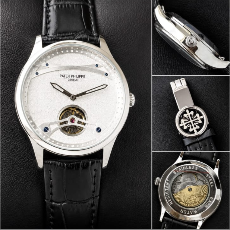 Pa_tek_Phili_ppe Men's Automatic Tourbillon Watch with Black Leather Strap – Silver Dial