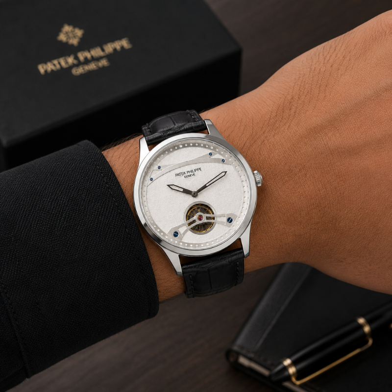 Pa_tek_Phili_ppe Men's Automatic Tourbillon Watch with Black Leather Strap – Silver Dial
