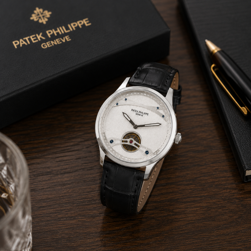 Pa_tek_Phili_ppe Men's Automatic Tourbillon Watch with Black Leather Strap – Silver Dial
