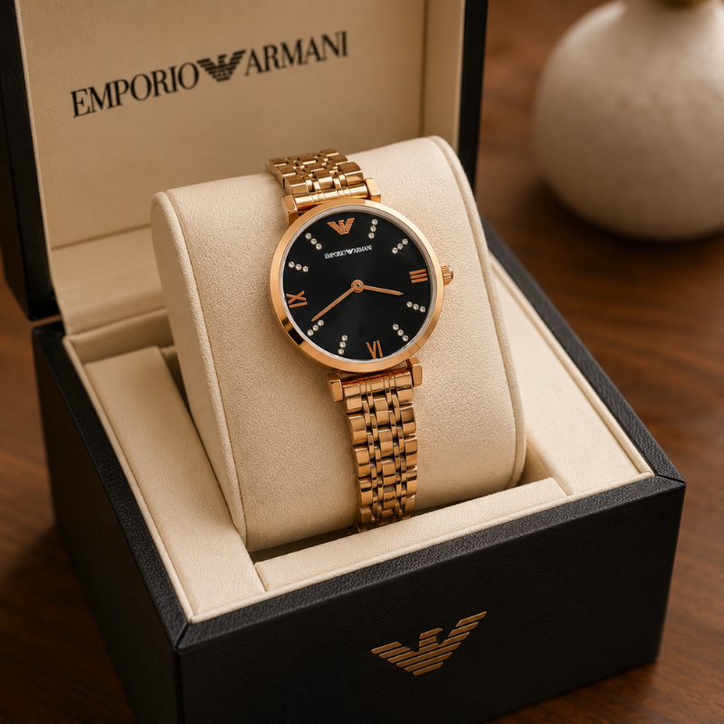 Em_porio Ar_mani Rose Gold Women's Analog Watch | Black Dial | Premium Stainless Steel Strap