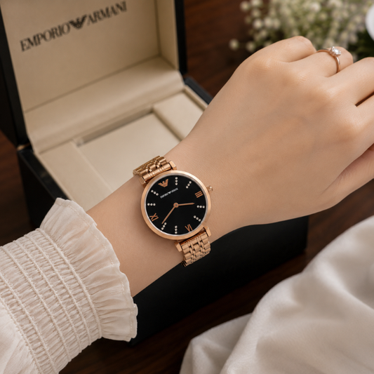 Em_porio Ar_mani Rose Gold Women's Analog Watch | Black Dial | Premium Stainless Steel Strap