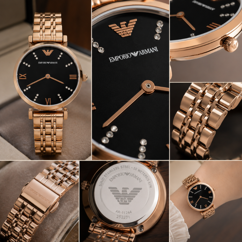 Em_porio Ar_mani Rose Gold Women's Analog Watch | Black Dial | Premium Stainless Steel Strap