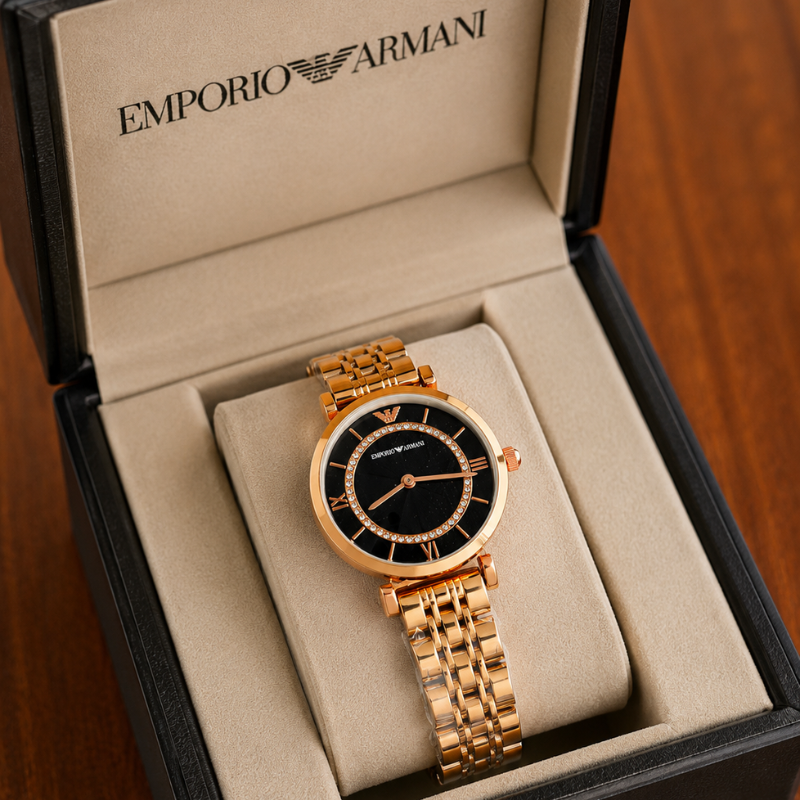 Em_porio Ar_mani Women's Rose Gold Analog Watch | Black Dial Luxury Timepiece
