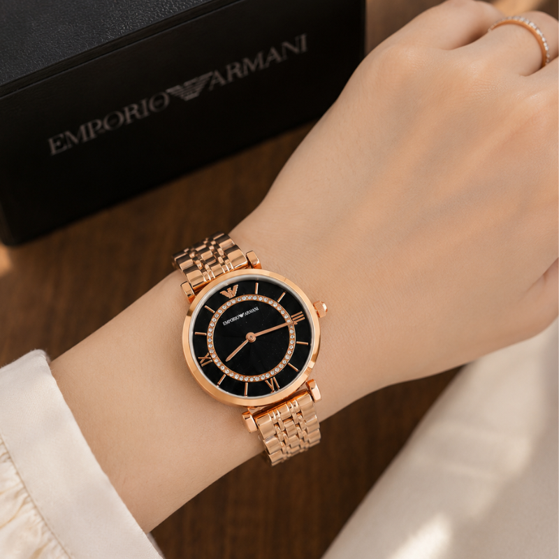 Em_porio Ar_mani Women's Rose Gold Analog Watch | Black Dial Luxury Timepiece