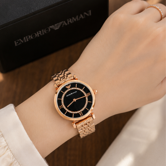 Em_porio Ar_mani Women's Rose Gold Analog Watch | Black Dial Luxury Timepiece