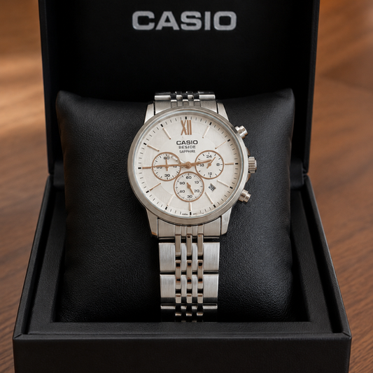 Ca_sio Beside Sapphire Stainless Steel Chronograph Analog Men's Watch – Silver Dial & Steel Strap