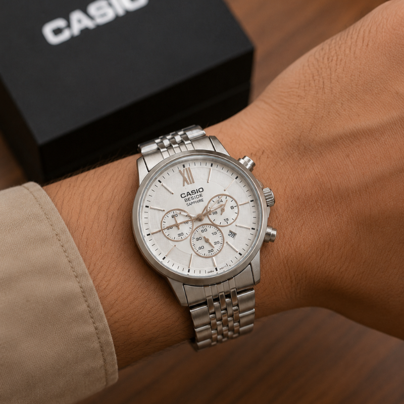 Ca_sio Beside Sapphire Stainless Steel Chronograph Analog Men's Watch – Silver Dial & Steel Strap