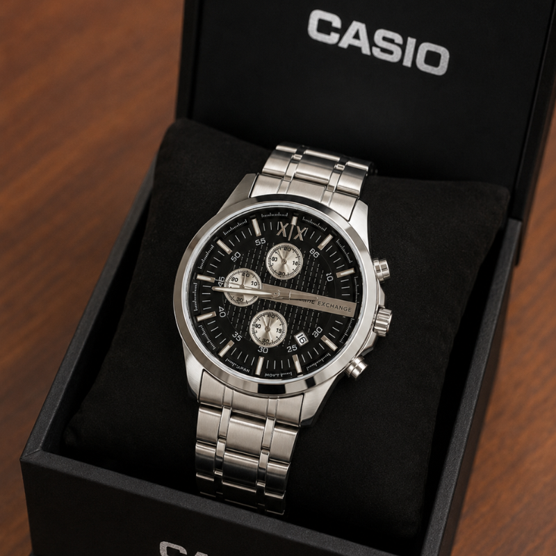 Arm_ani Exch_ange Men's Stainless Steel Chronograph Analog Watch – Black Dial | Silver Strap