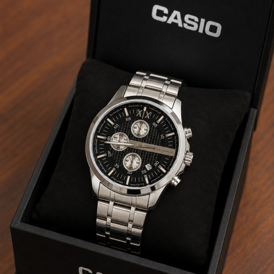 Arm_ani Exch_ange Men's Stainless Steel Chronograph Analog Watch – Black Dial | Silver Strap