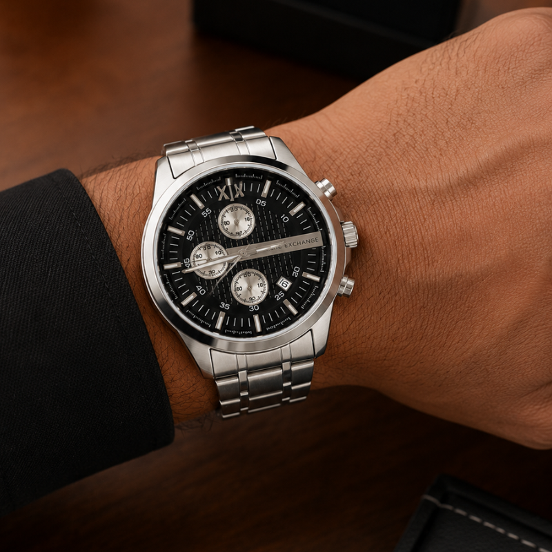 Arm_ani Exch_ange Men's Stainless Steel Chronograph Analog Watch – Black Dial | Silver Strap