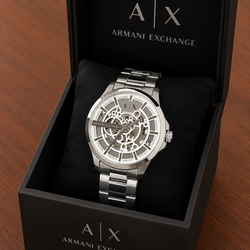 Ar_mani Ex_change A|X Automatic Skeleton Stainless Steel Men's Watch – Silver Dial