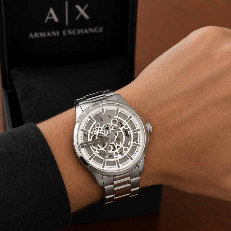 Ar_mani Ex_change A|X Automatic Skeleton Stainless Steel Men's Watch – Silver Dial