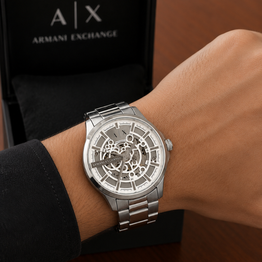 Ar_mani Ex_change A|X Automatic Skeleton Stainless Steel Men's Watch – Silver Dial