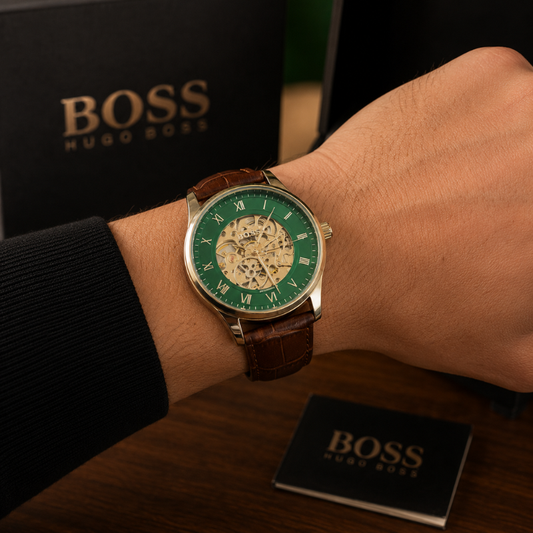 BO_SS Green Skeleton Dial Automatic Watch with Brown Leather Strap for Men