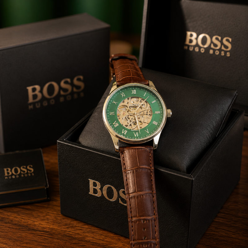 BO_SS Green Skeleton Dial Automatic Watch with Brown Leather Strap for Men