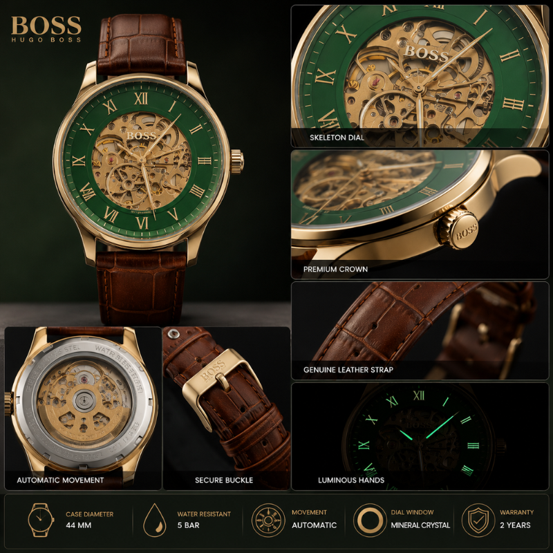 BO_SS Green Skeleton Dial Automatic Watch with Brown Leather Strap for Men