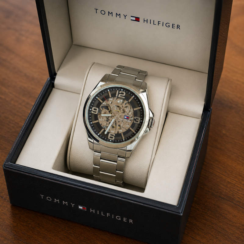 Tom_my Hilfi_ger Men's Skeleton Dial Stainless Steel Analog Watch