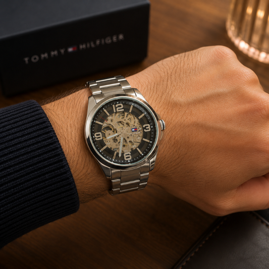 Tom_my Hilfi_ger Men's Skeleton Dial Stainless Steel Analog Watch