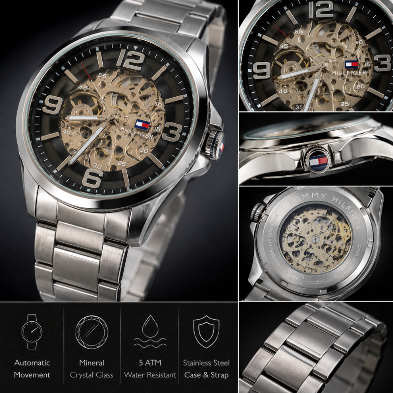 Tom_my Hilfi_ger Men's Skeleton Dial Stainless Steel Analog Watch