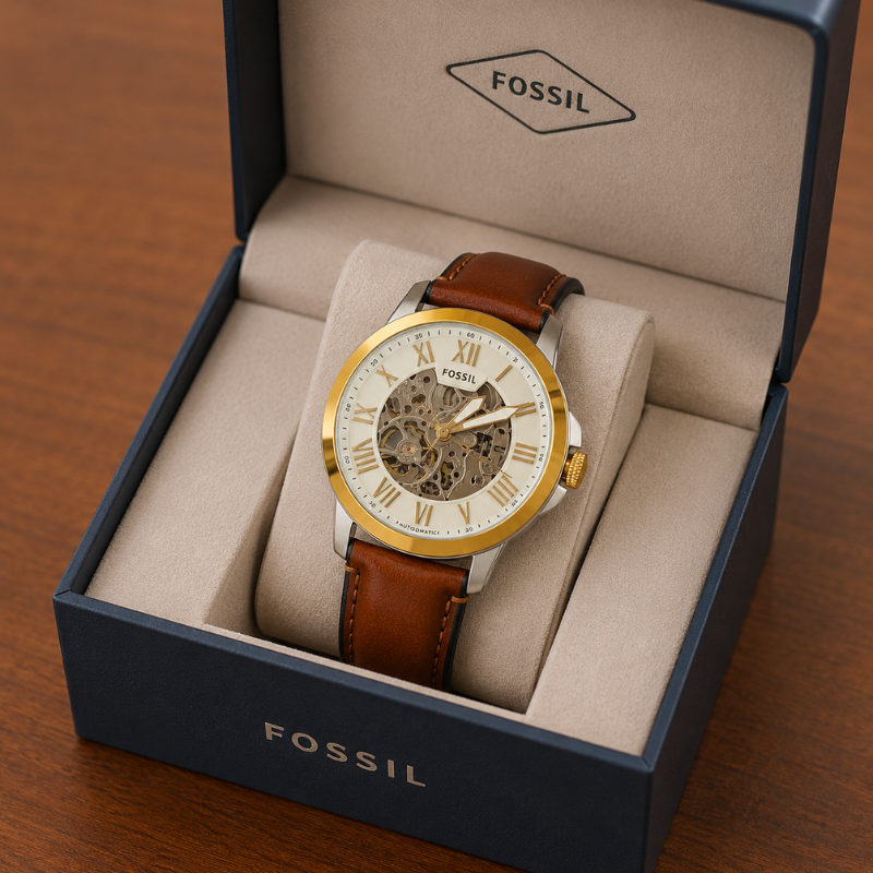 Fos_sil Automatic Skeleton Dial Analog Watch for Men | Brown Leather Strap | Gold Tone Bezel | Premium Stainless Steel Case