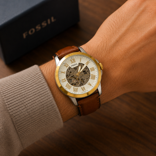 Fos_sil Automatic Skeleton Dial Analog Watch for Men | Brown Leather Strap | Gold Tone Bezel | Premium Stainless Steel Case