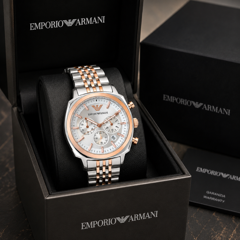 Em_porio_Arm_ani Two-Tone Chronograph Stainless Steel Men's Watch – Silver & Rose Gold