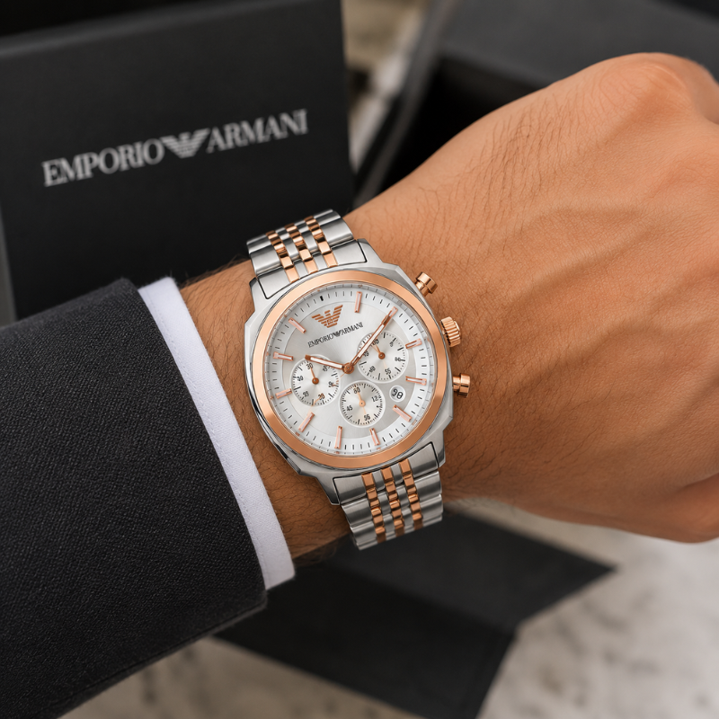 Em_porio_Arm_ani Two-Tone Chronograph Stainless Steel Men's Watch – Silver & Rose Gold