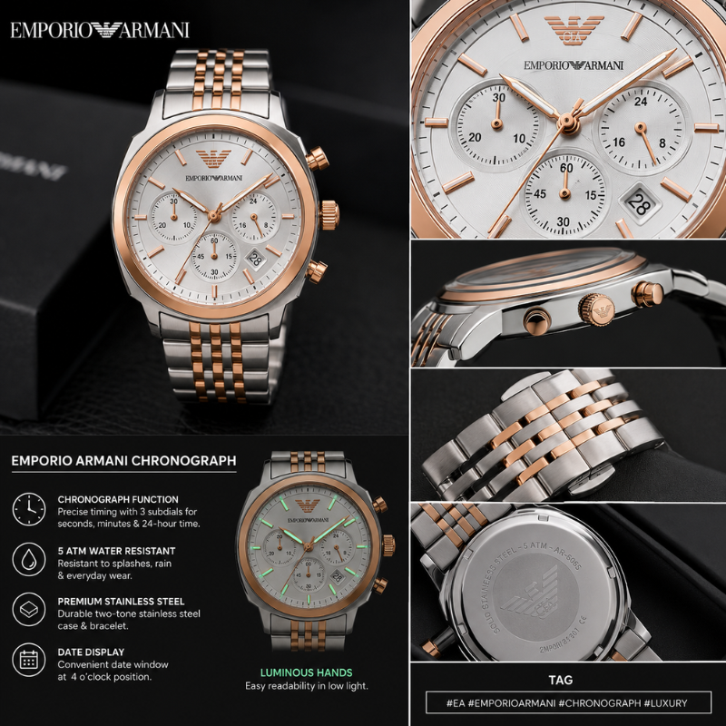 Em_porio_Arm_ani Two-Tone Chronograph Stainless Steel Men's Watch – Silver & Rose Gold